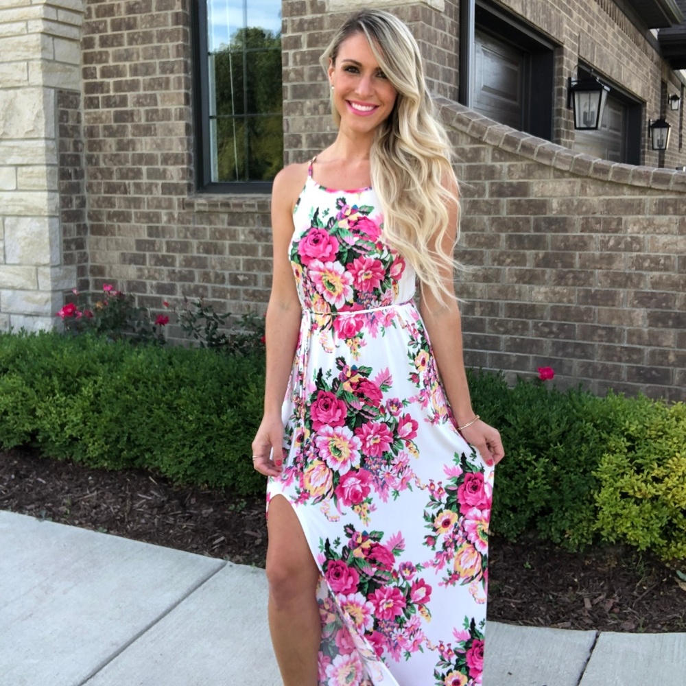 Pink Lily Floral Maxi Dress with detachable Tie